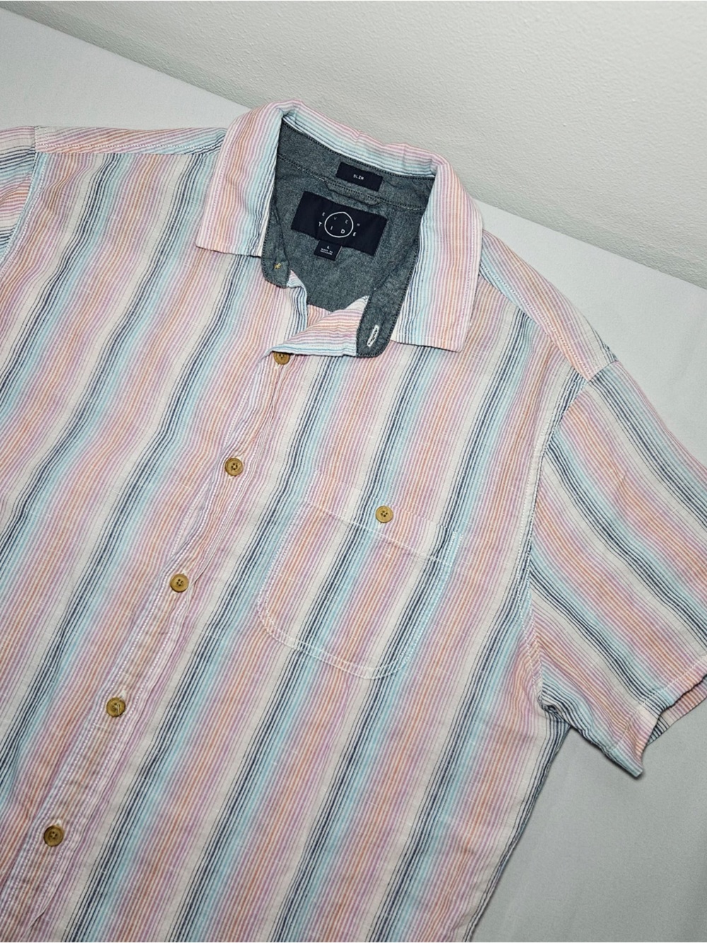 Even Tide Slim Fit Linen Cotton Striped Short Sleeve Shirt – Size Large